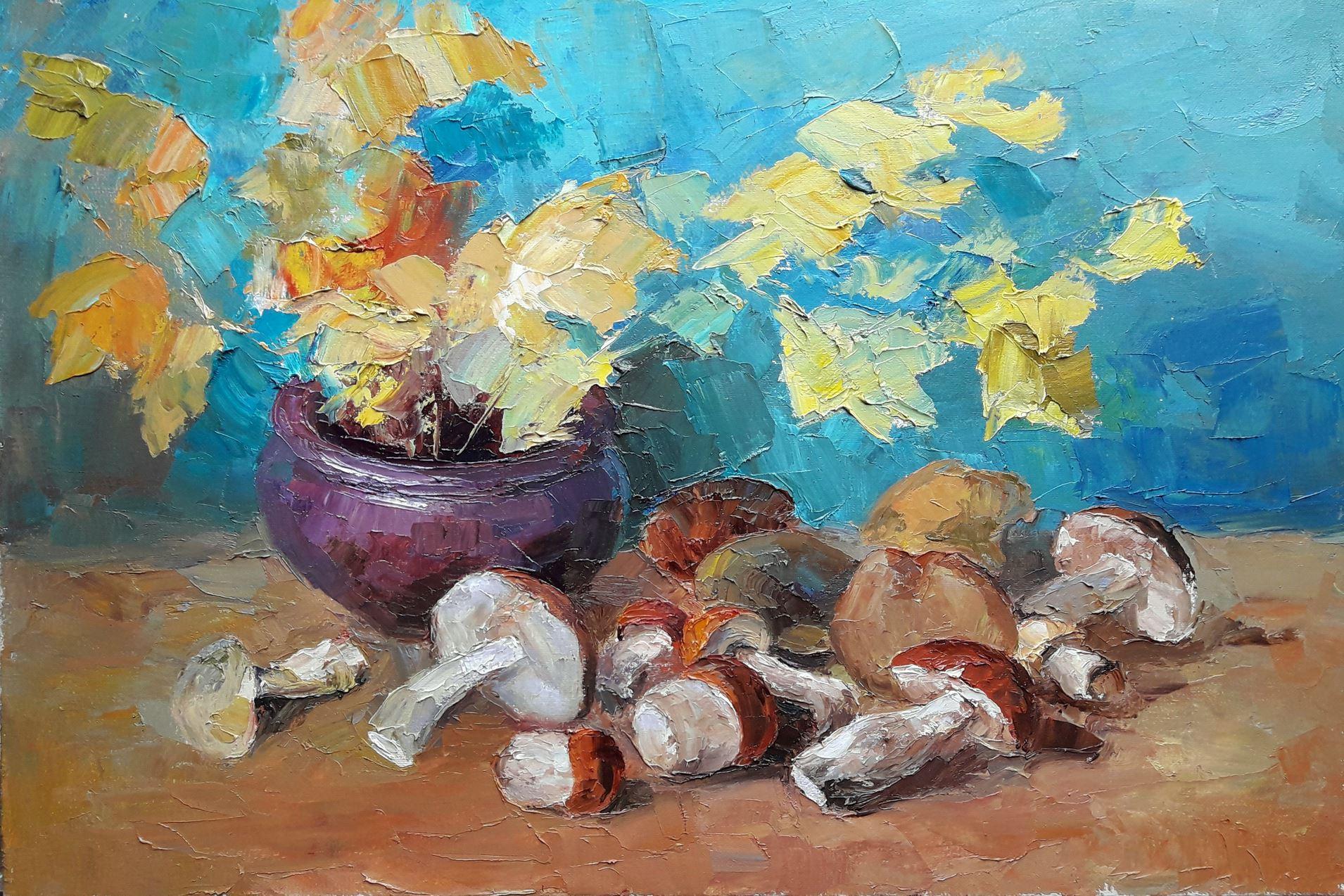 Still-Life Painting Boris Serdyuk  - L'heure des champignons, Nature morte, Peinture à l'huile originale, Prête à être accrochée