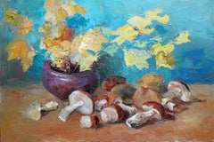 L'heure des champignons, Nature morte, Peinture à l'huile originale, Prête à être accrochée