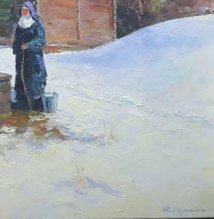 Near the well, Landscape, Original oil Painting, Ready to Hang