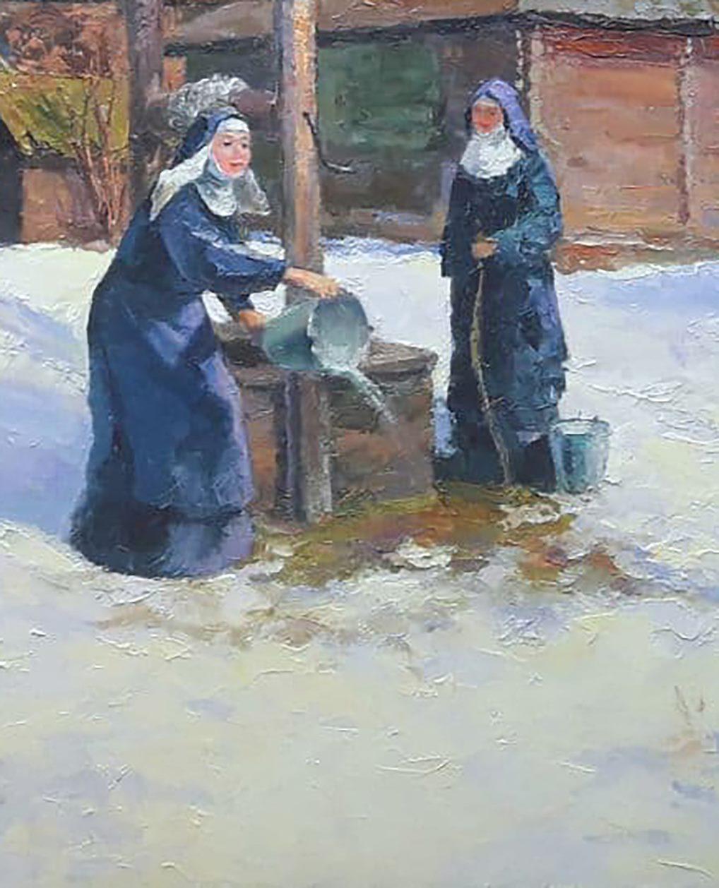 Artist: Boris Serdyuk 
Work: Original oil painting, handmade artwork, one of a kind 
Medium: Oil on Canvas
Style: Impressionism
Year: 2020
Title: Near the well
Size: 27.5