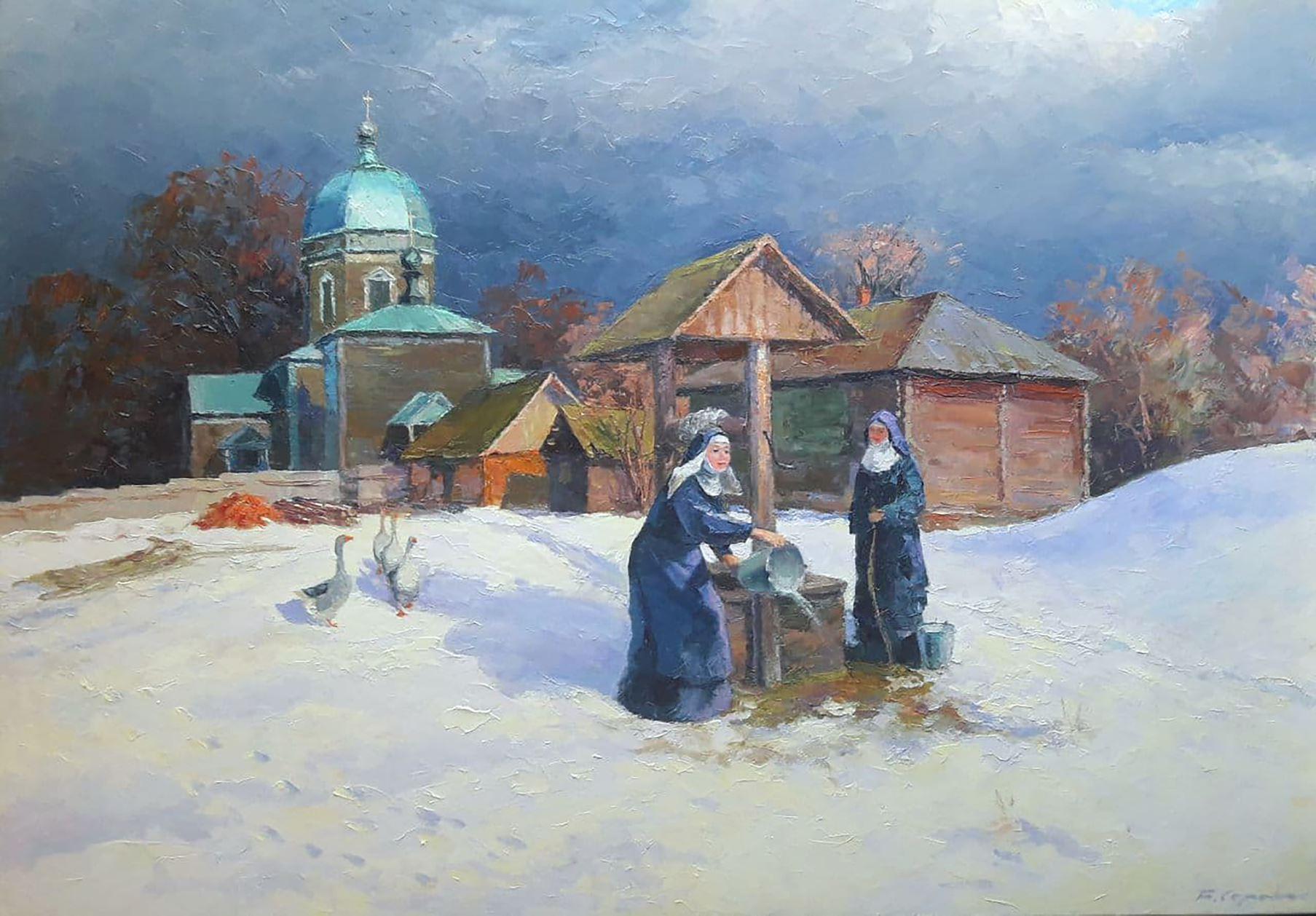 Boris Serdyuk  Landscape Painting - Near the well, Original oil Painting, Ready to Hang