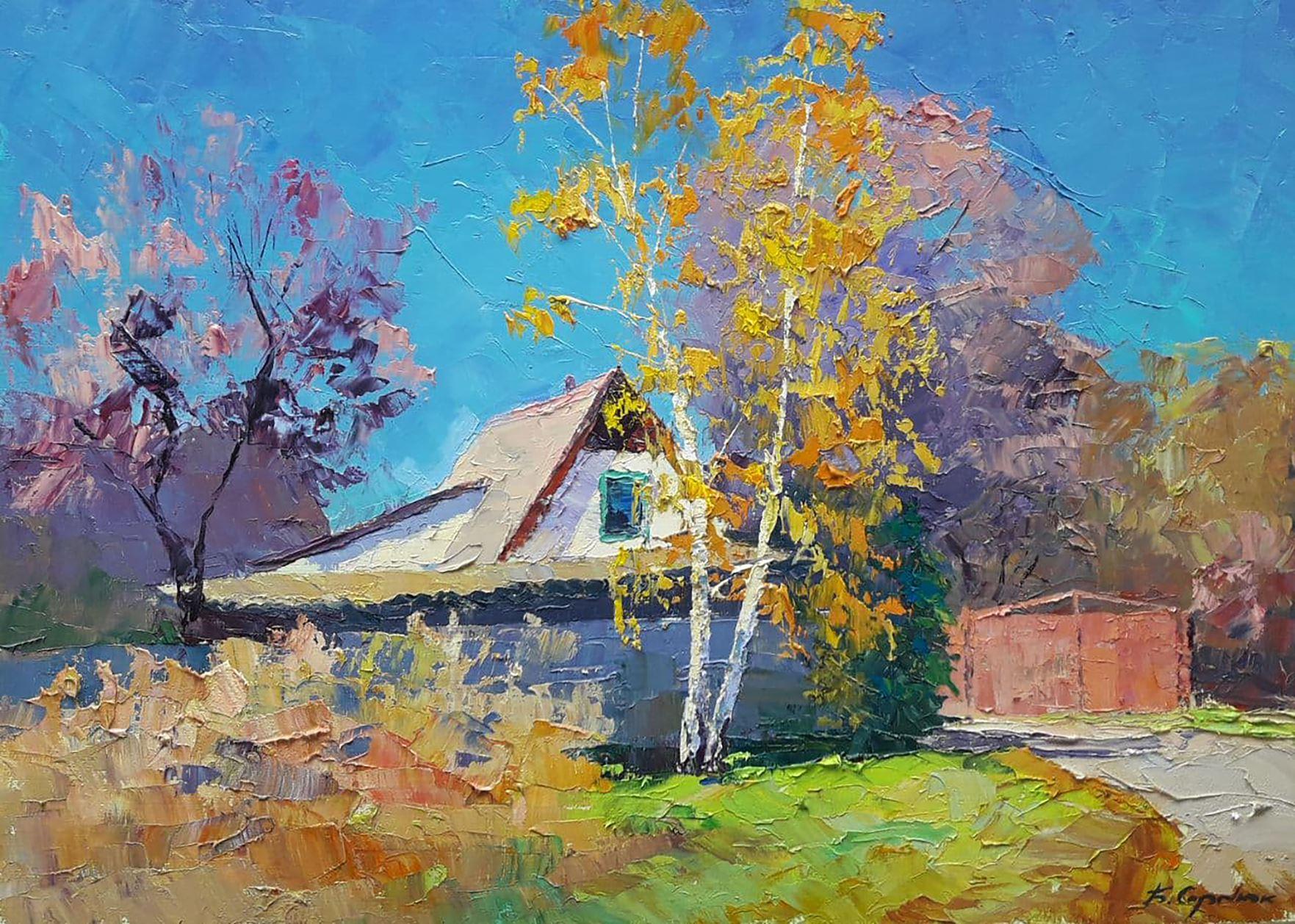 Oktobertag, Landschaft, Original-Ölgemälde in Öl, hängefertig