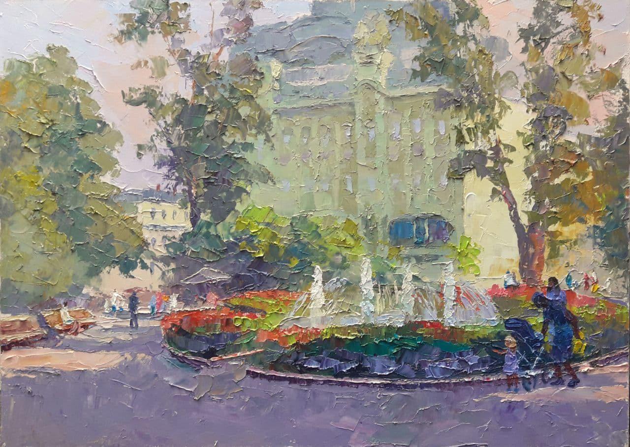 Odessa City Garden, Cityscape, peinture à l'huile originale, prête à accrocher