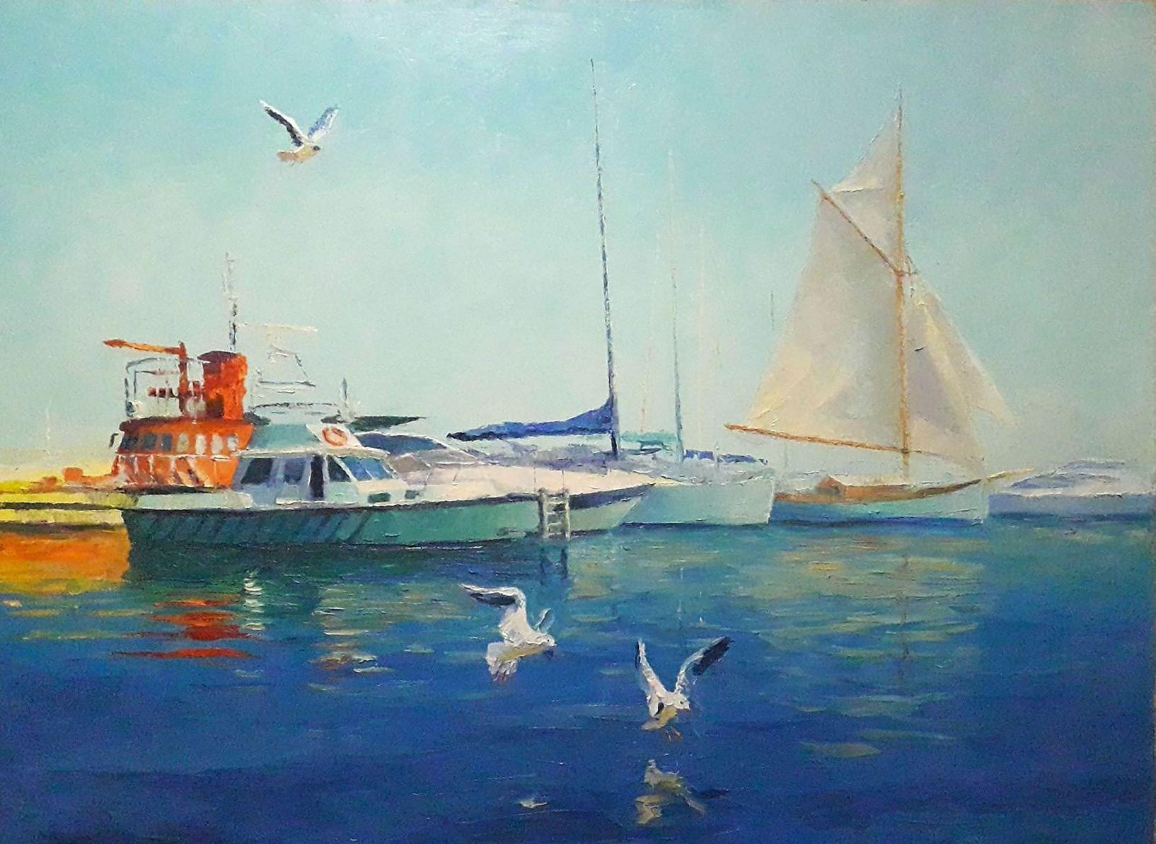 Boris Serdyuk  Landscape Painting - Odessa Port, Harbor, Original oil Painting, Ready to Hang