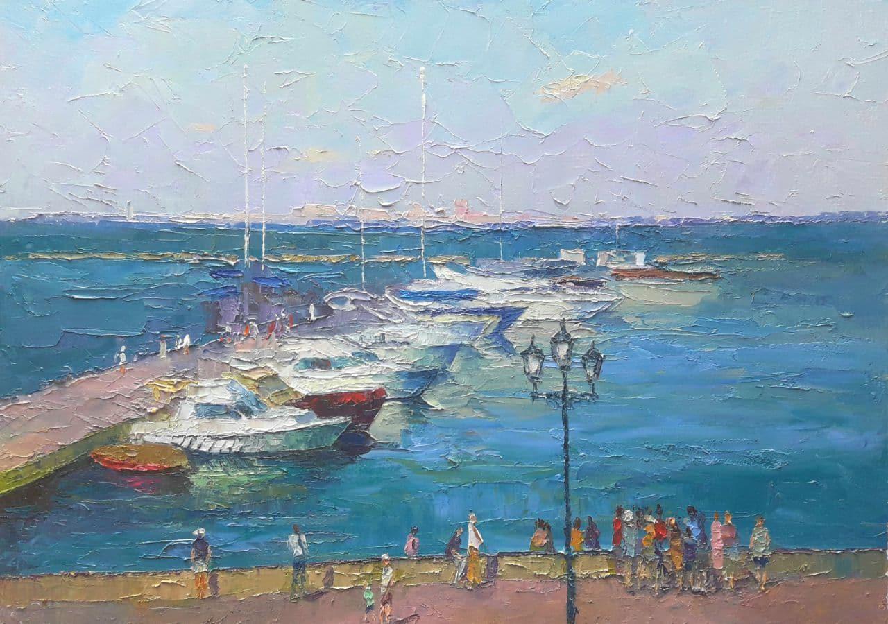 Odessa Yachts, Harbor, peinture à l'huile originale, prête à accrocher