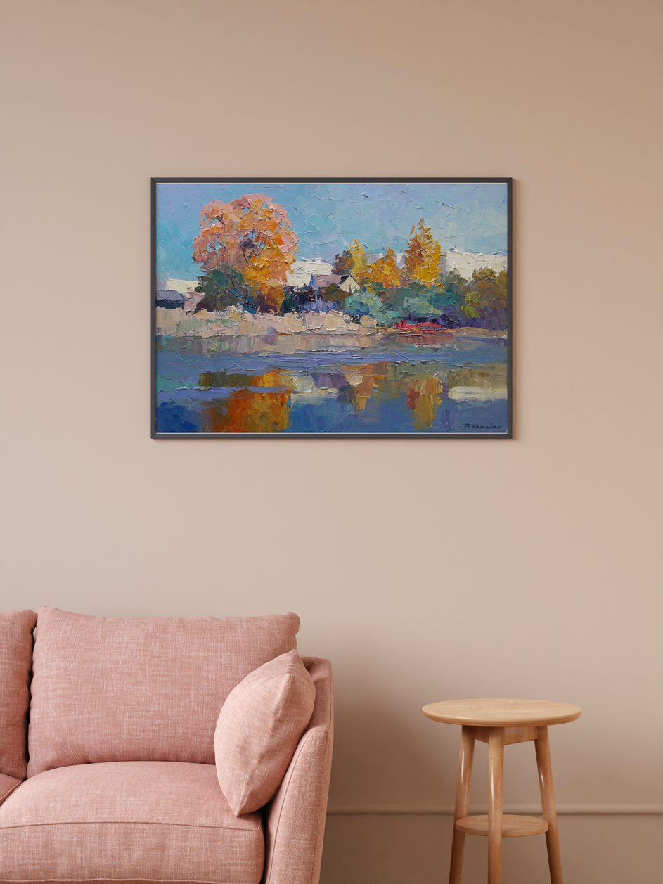 Over the water, Fall, Impressionism, Original oil Painting, Ready to Hang For Sale 1