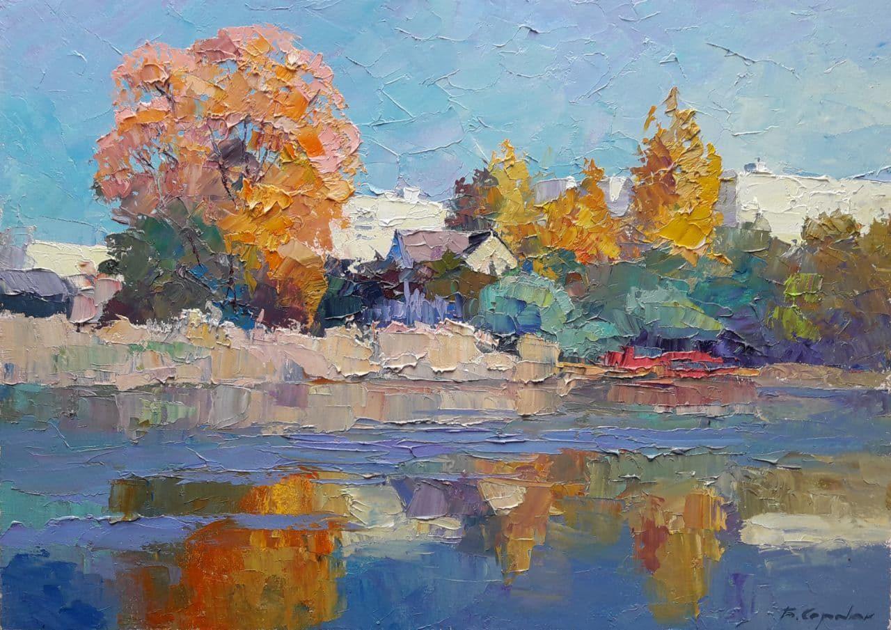 Au-dessus de l'eau, automne, impressionnisme, peinture à l'huile originale, prête à être accrochée