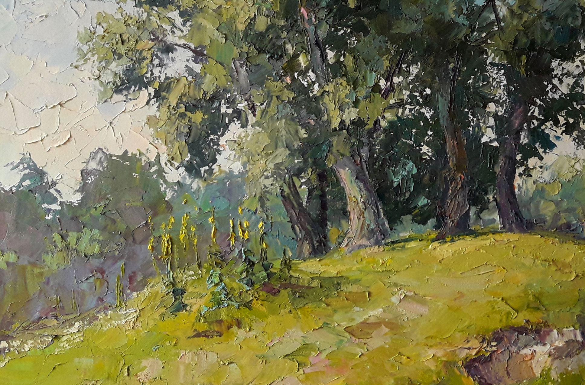 Poplars, Original oil Painting, Ready to Hang - Brown Landscape Painting by Boris Serdyuk 