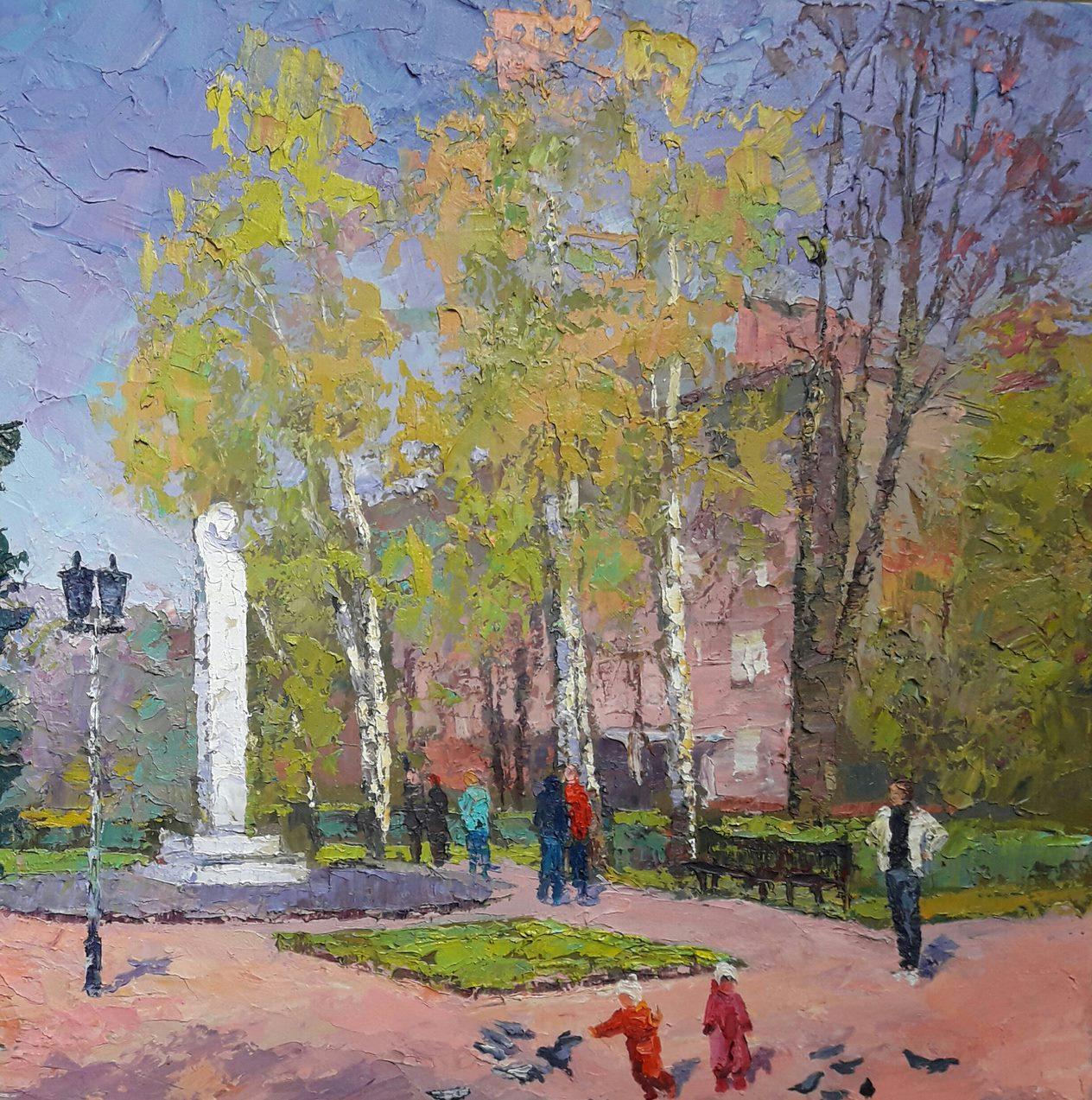 Pushkin Boulevard, Original oil Painting, Ready to Hang - Gray Landscape Painting by Boris Serdyuk 