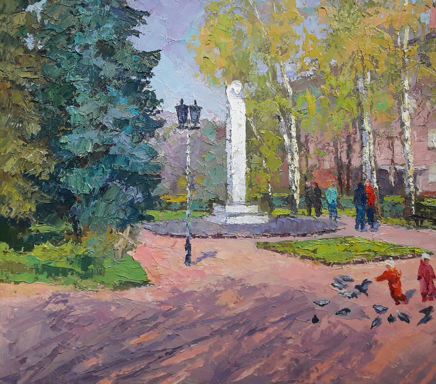 Peinture à l'huile originale de Pushkin Boulevard, prête à accrocher - Gris Landscape Painting par Boris Serdyuk 