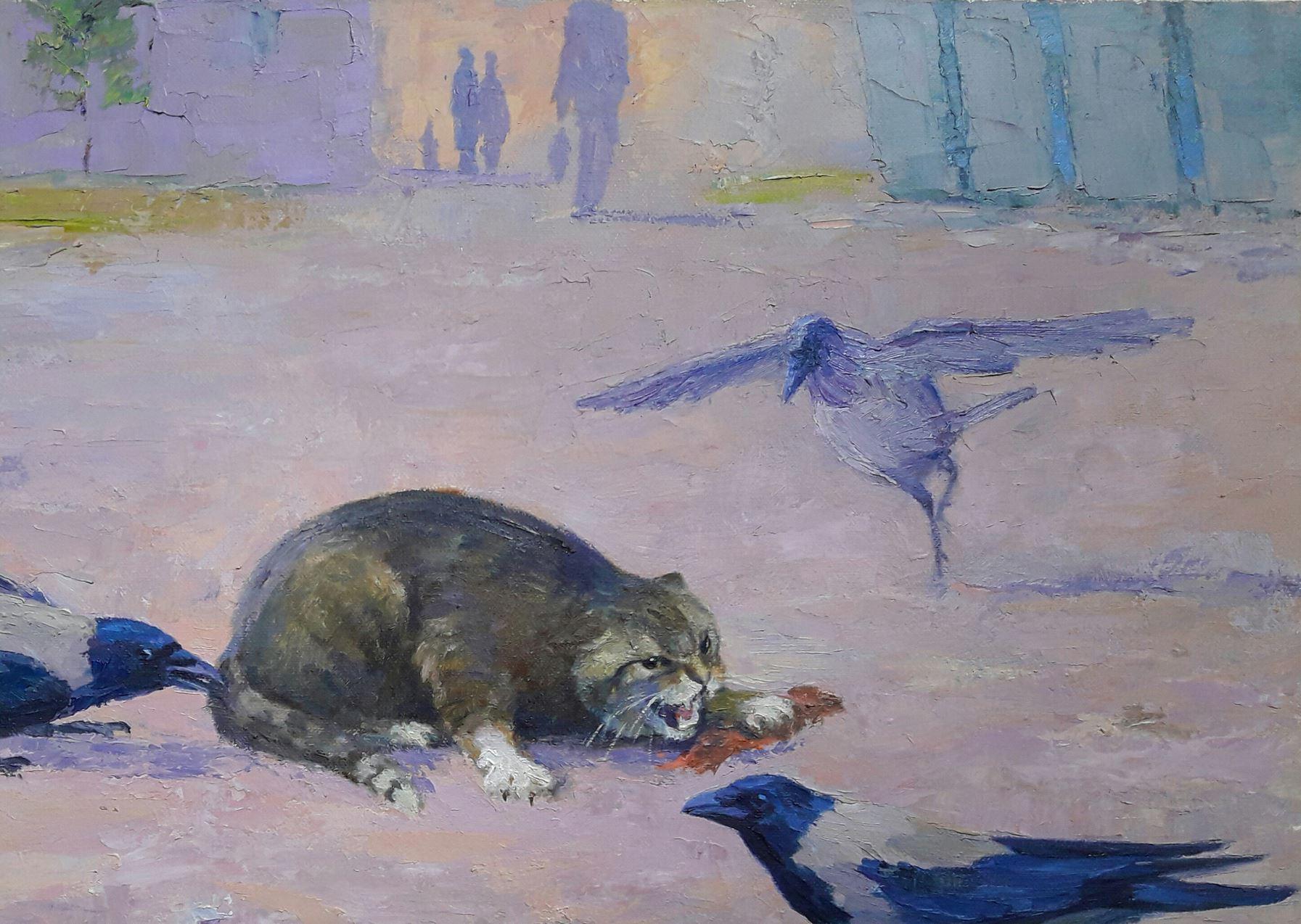 Raven Strategy, Cat, Original oil Painting, Ready to Hang For Sale 2