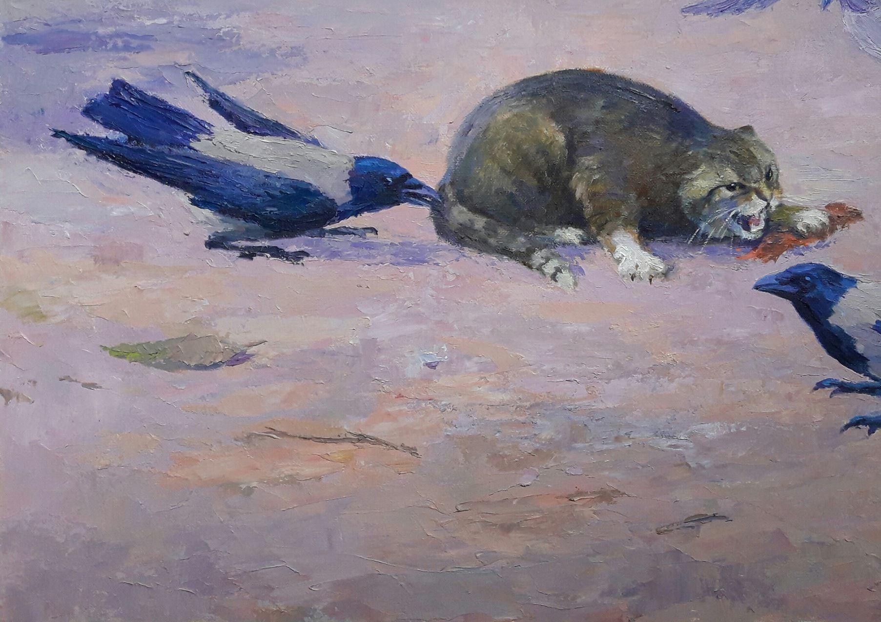 Raven Strategy, Cat, Original oil Painting, Ready to Hang For Sale 3