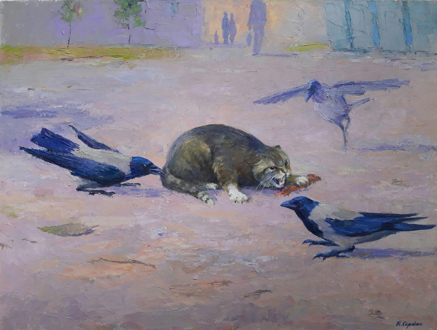 Boris Serdyuk  Animal Painting - Raven Strategy, Cat, Original oil Painting, Ready to Hang