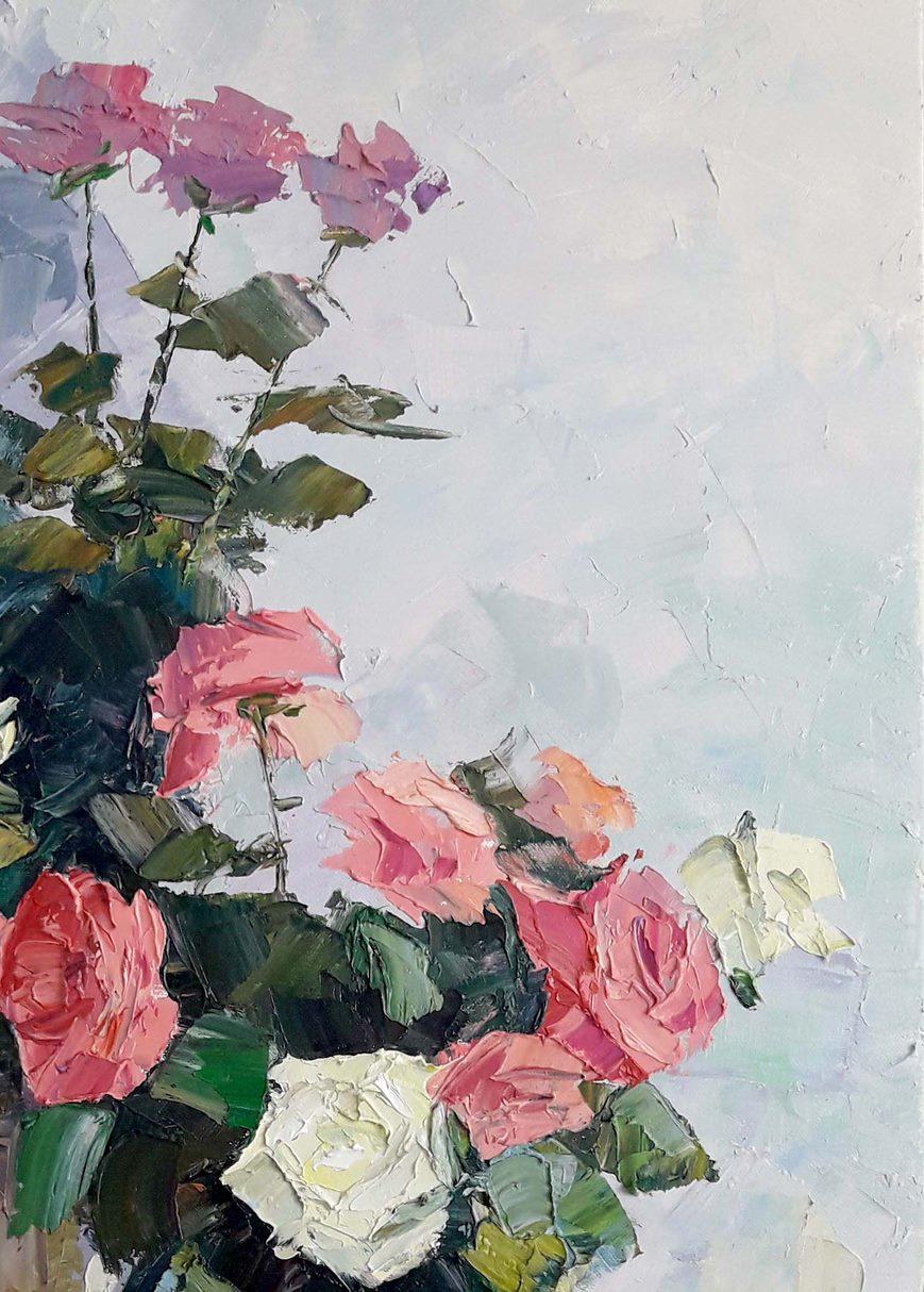 Artist: Boris Serdyuk 
Work: Original oil painting, handmade artwork, one of a kind 
Medium: Oil on Canvas
Style: Impressionism
Year: 2023
Title: Roses for a Loved one
Size: 27.5