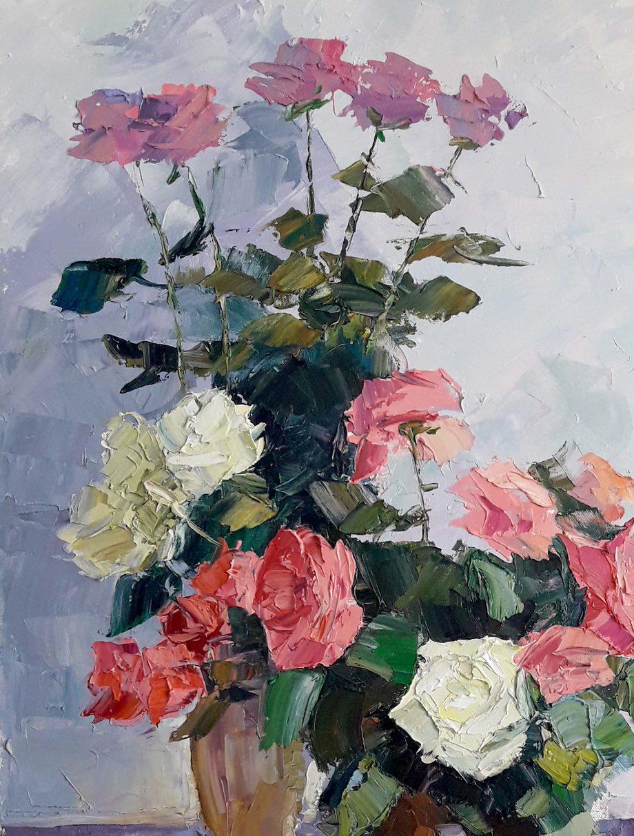 Roses pour un être cher, Fleurs, peinture à l'huile originale, prête à être accrochée - Impressionnisme Painting par Boris Serdyuk 