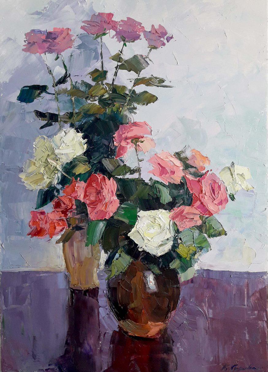 Still-Life Painting Boris Serdyuk  - Roses pour un être cher, Fleurs, peinture à l'huile originale, prête à être accrochée