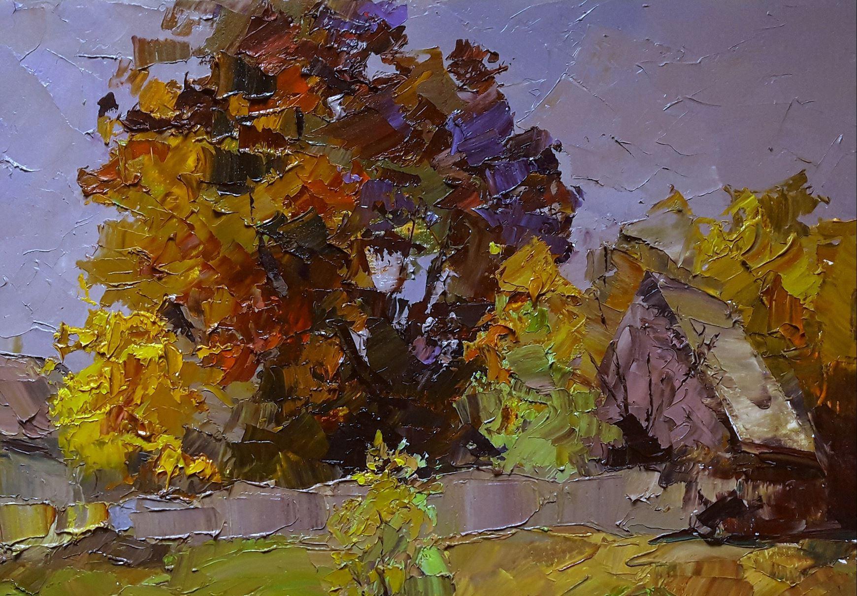 Rural Landscape, Impressionism, Original oil Painting, Ready to Hang - Brown Landscape Painting by Boris Serdyuk 