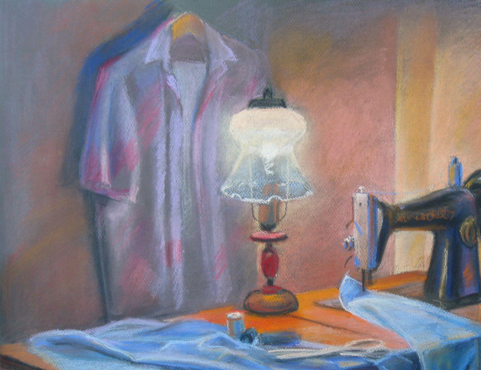 Angolo della cucitrice, Pittura ad olio originale, pronta da appendere - Painting di Boris Serdyuk 