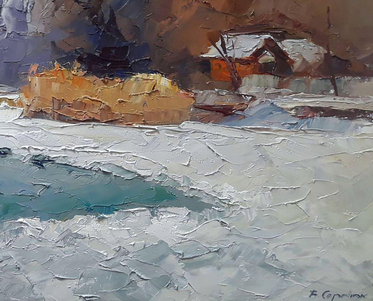 Tapis de patinage, hiver, peinture à l'huile originale, prête à accrocher - Gris Landscape Painting par Boris Serdyuk 