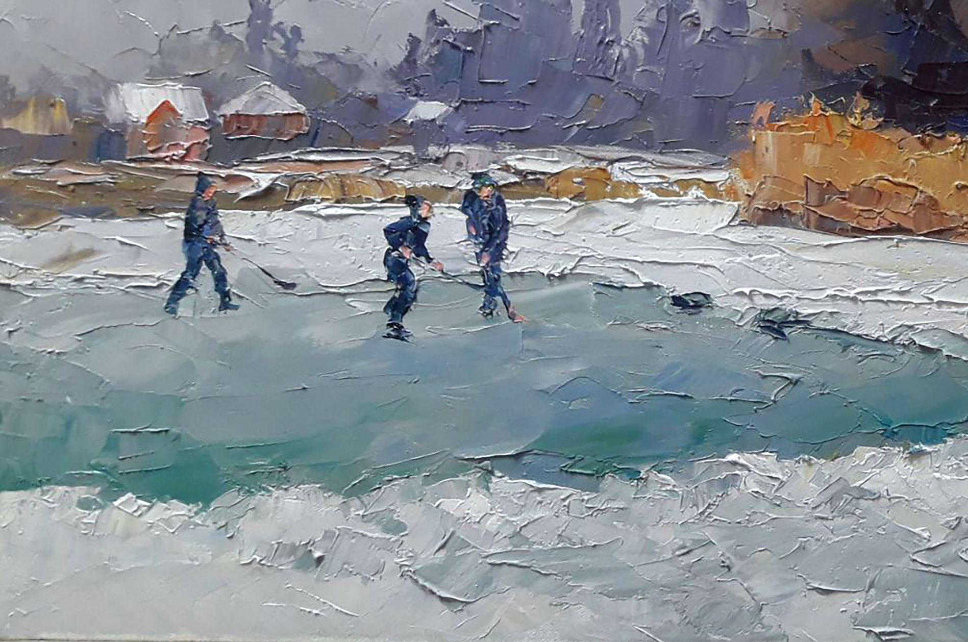 Skating rink, winter, Original oil Painting, Ready to Hang For Sale 2