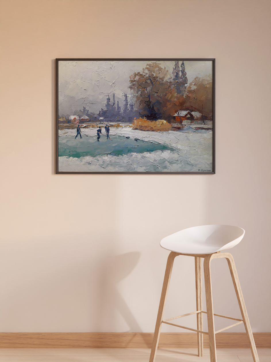 Skating rink, winter, Original oil Painting, Ready to Hang For Sale 3