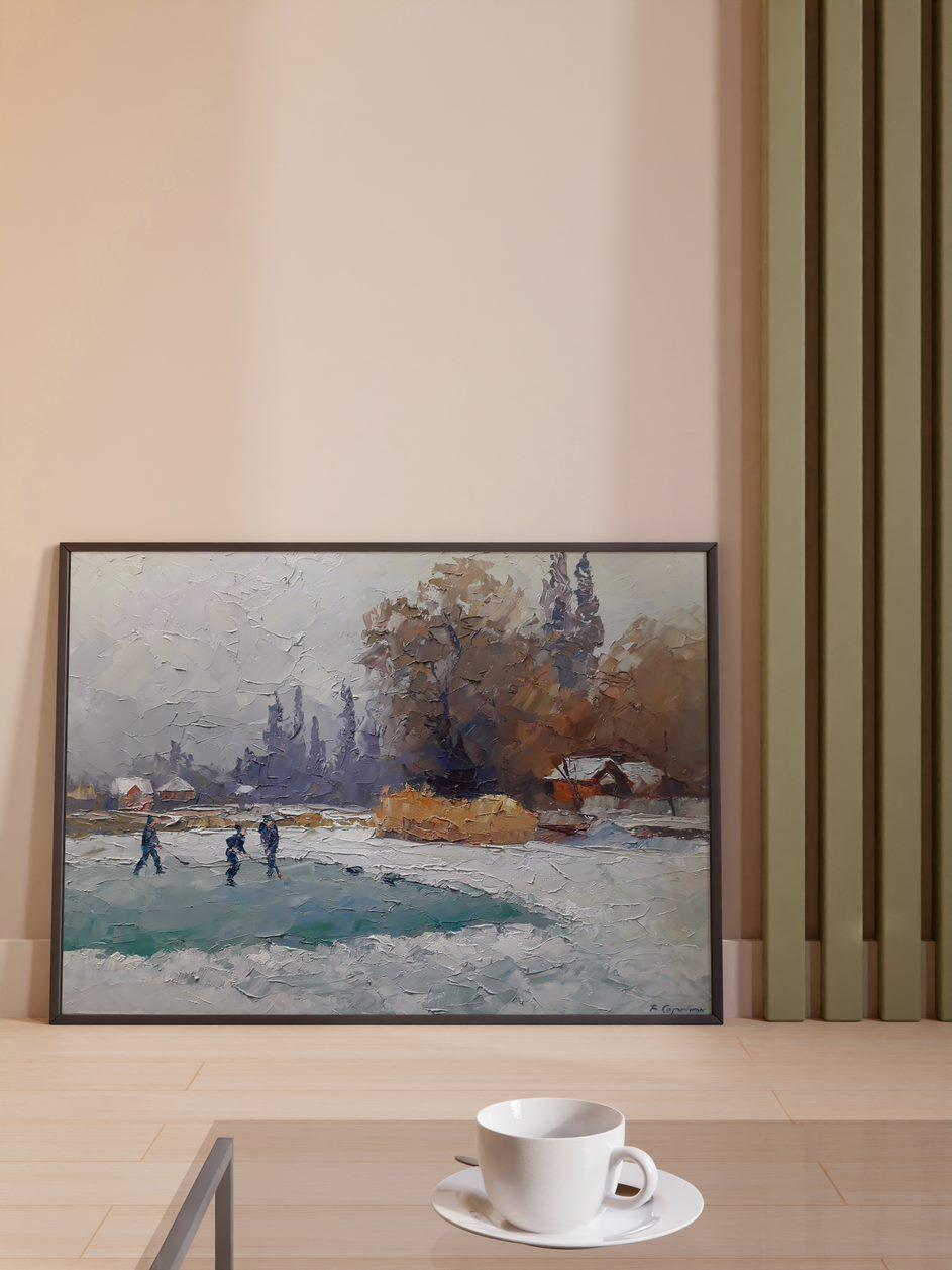 Skating rink, winter, Original oil Painting, Ready to Hang For Sale 4