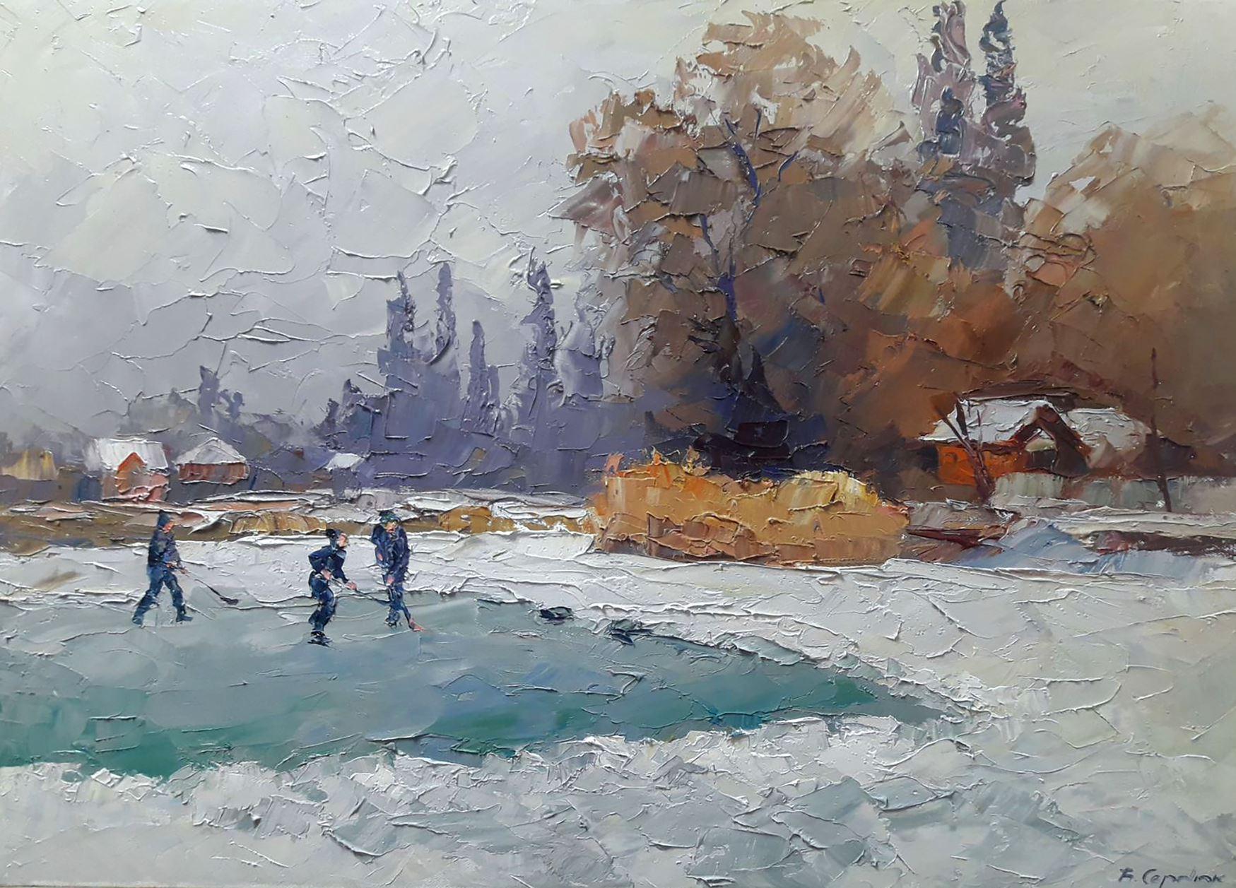 Boris Serdyuk  Landscape Painting - Skating rink, winter, Original oil Painting, Ready to Hang