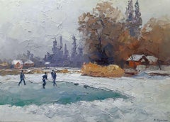 Skating rink, winter, Original oil Painting, Ready to Hang