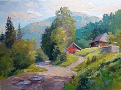 Somewhere in the Mountains, Landschaft, Original-Ölgemälde, hängefertig