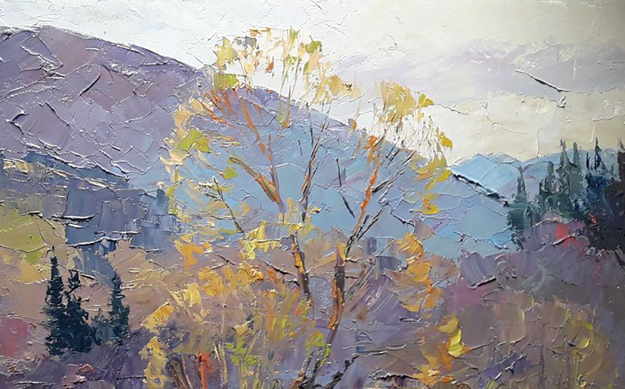 Spring de la région d'Ivano-Frankivsk, peinture à l'huile originale, prête à accrocher - Gris Landscape Painting par Boris Serdyuk 