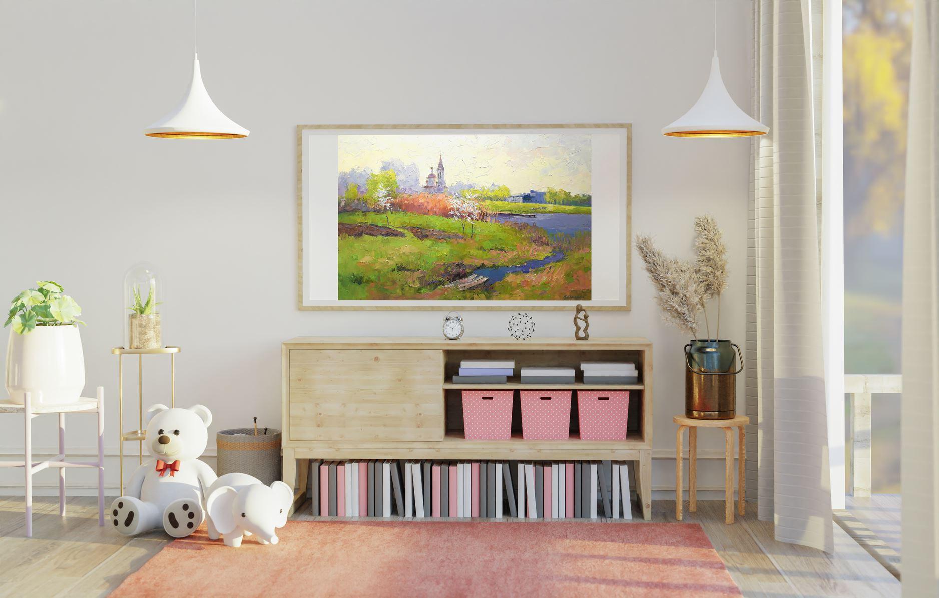 Frühling in der Region Poltava, Landschaft, Original-Ölgemälde, hängefertig im Angebot 1