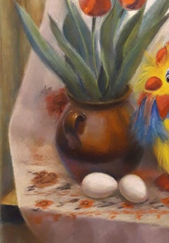 Still Life with Rooster and Tulips, Original Painting, Ready to Hang