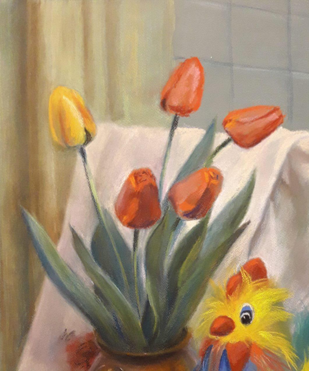 Still Life with Rooster and Tulips, Original Painting, Ready to Hang - Brown Still-Life Painting by Boris Serdyuk 