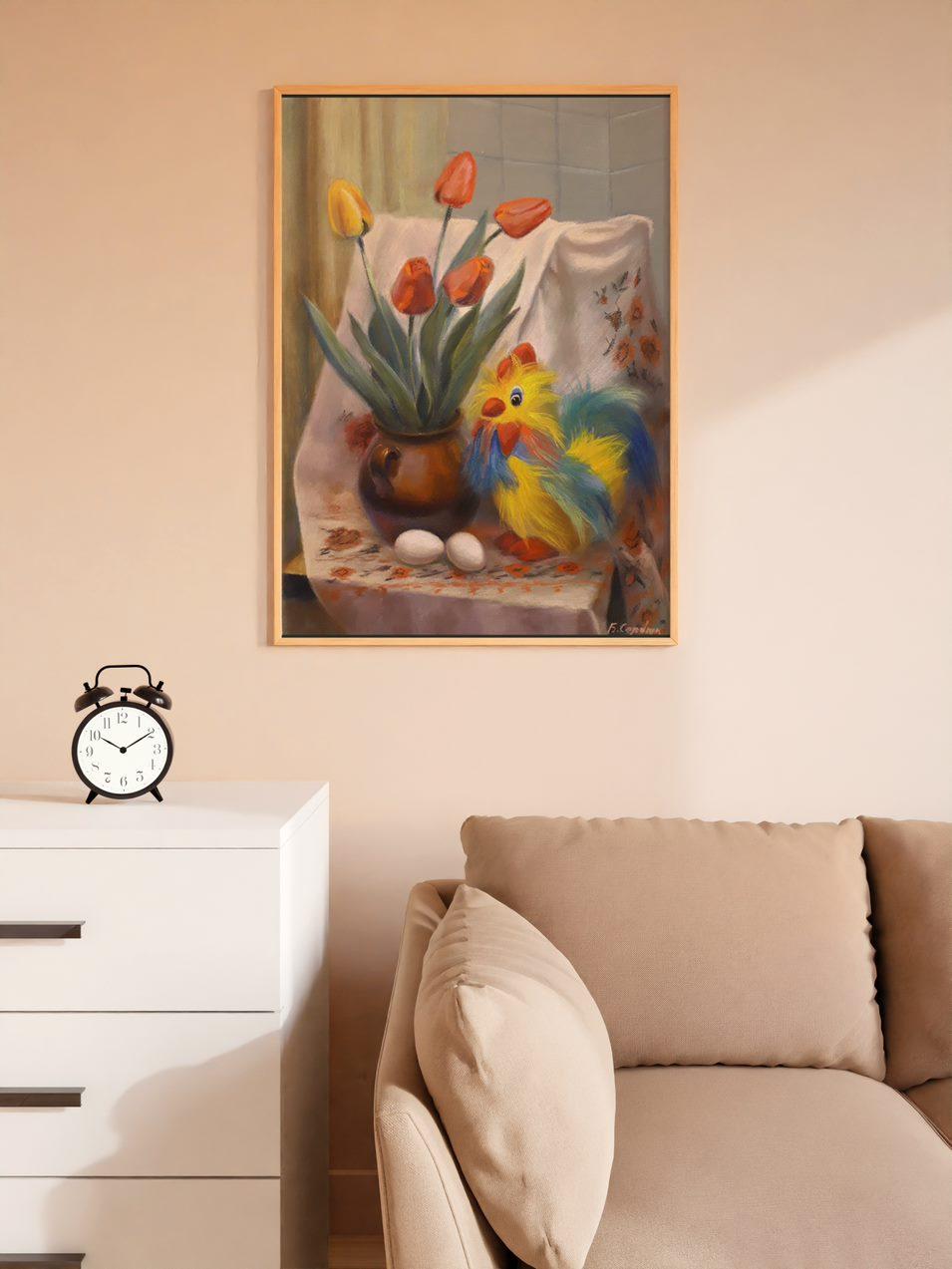 Nature morte au coq et aux tulipes, peinture originale, prête à être accrochée - Marron Still-Life Painting par Boris Serdyuk 