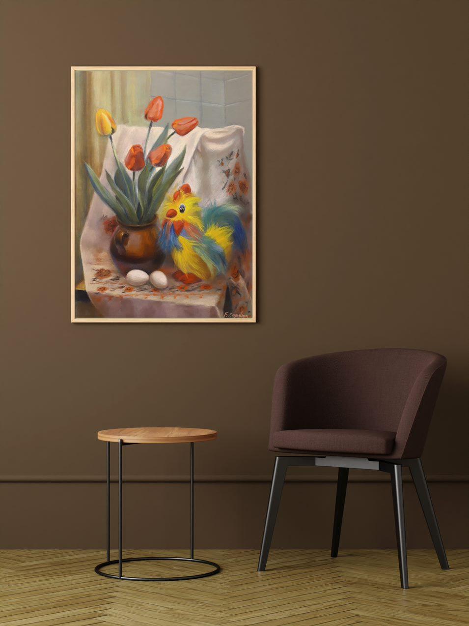 Still Life with Rooster and Tulips, Original Painting, Ready to Hang For Sale 1