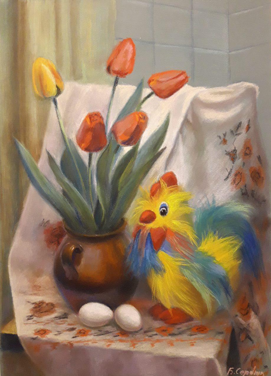 Still-Life Painting Boris Serdyuk  - Nature morte au coq et aux tulipes, peinture originale, prête à être accrochée