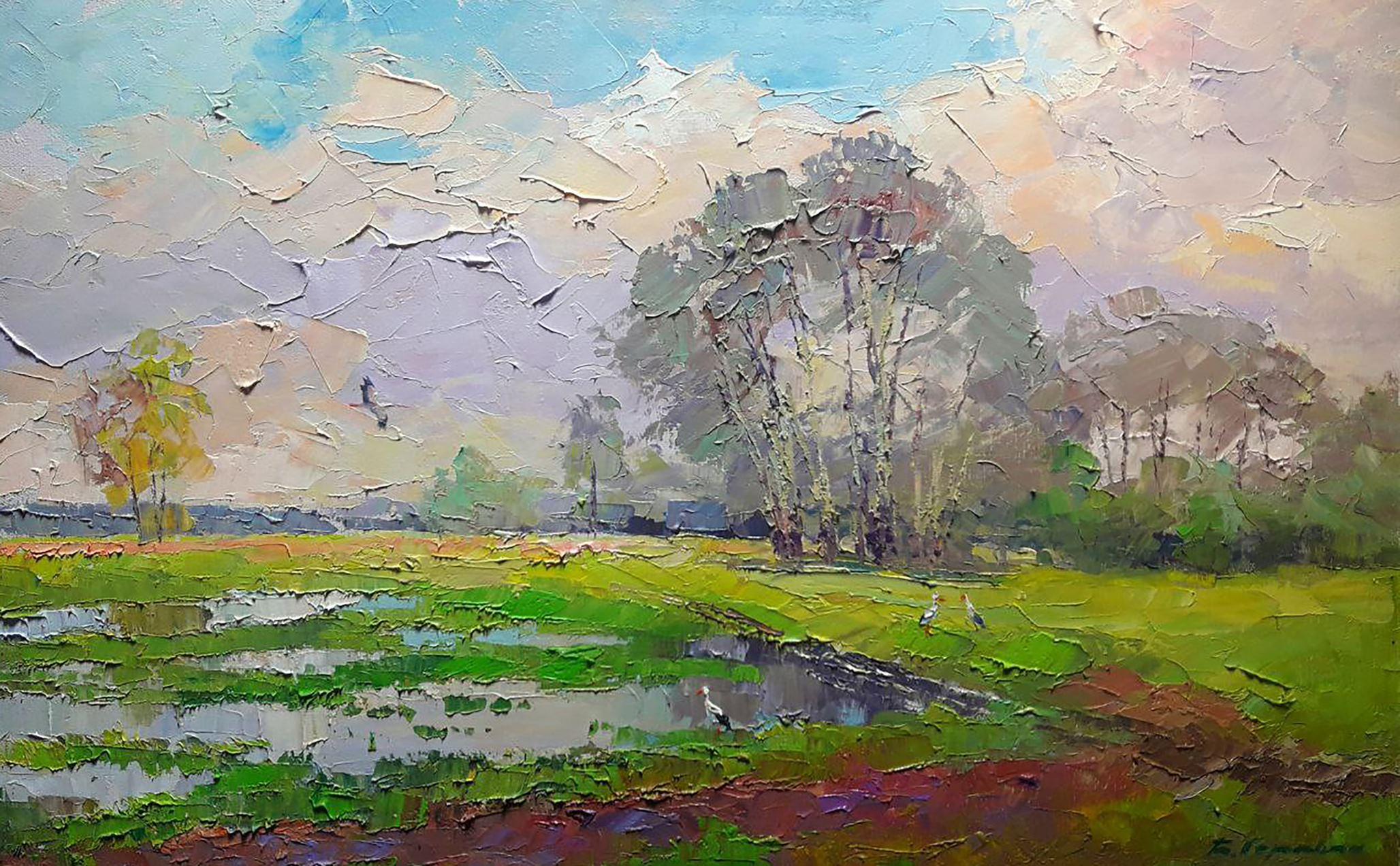 Boris Serdyuk  Landscape Painting - Storks, Original oil Painting, Ready to Hang