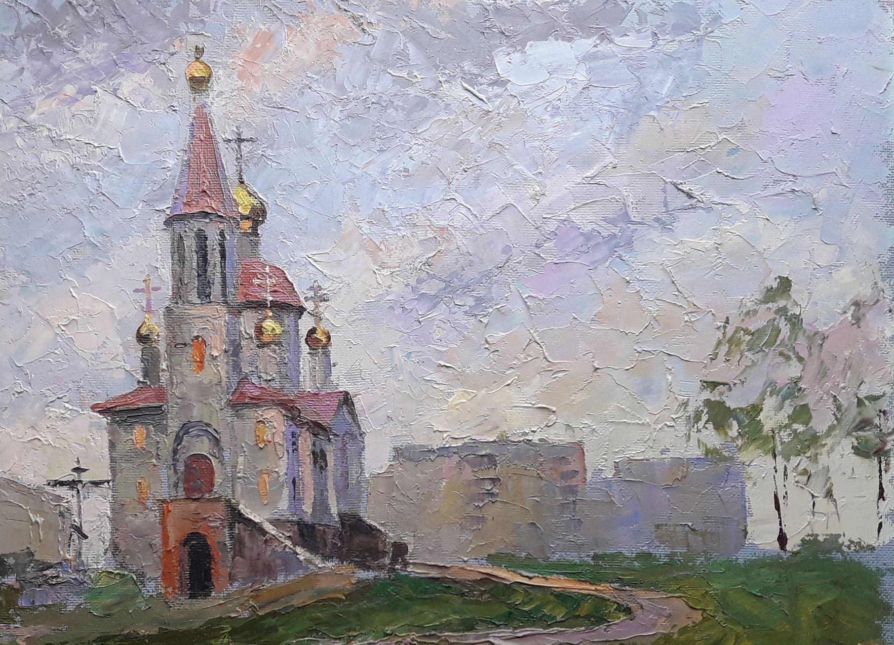 Artist: Boris Serdyuk 
Work: Original oil painting, handmade artwork, one of a kind 
Medium: Oil on Canvas
Style: Impressionism
Year: 2020
Title: Temple near the river
Size: 20