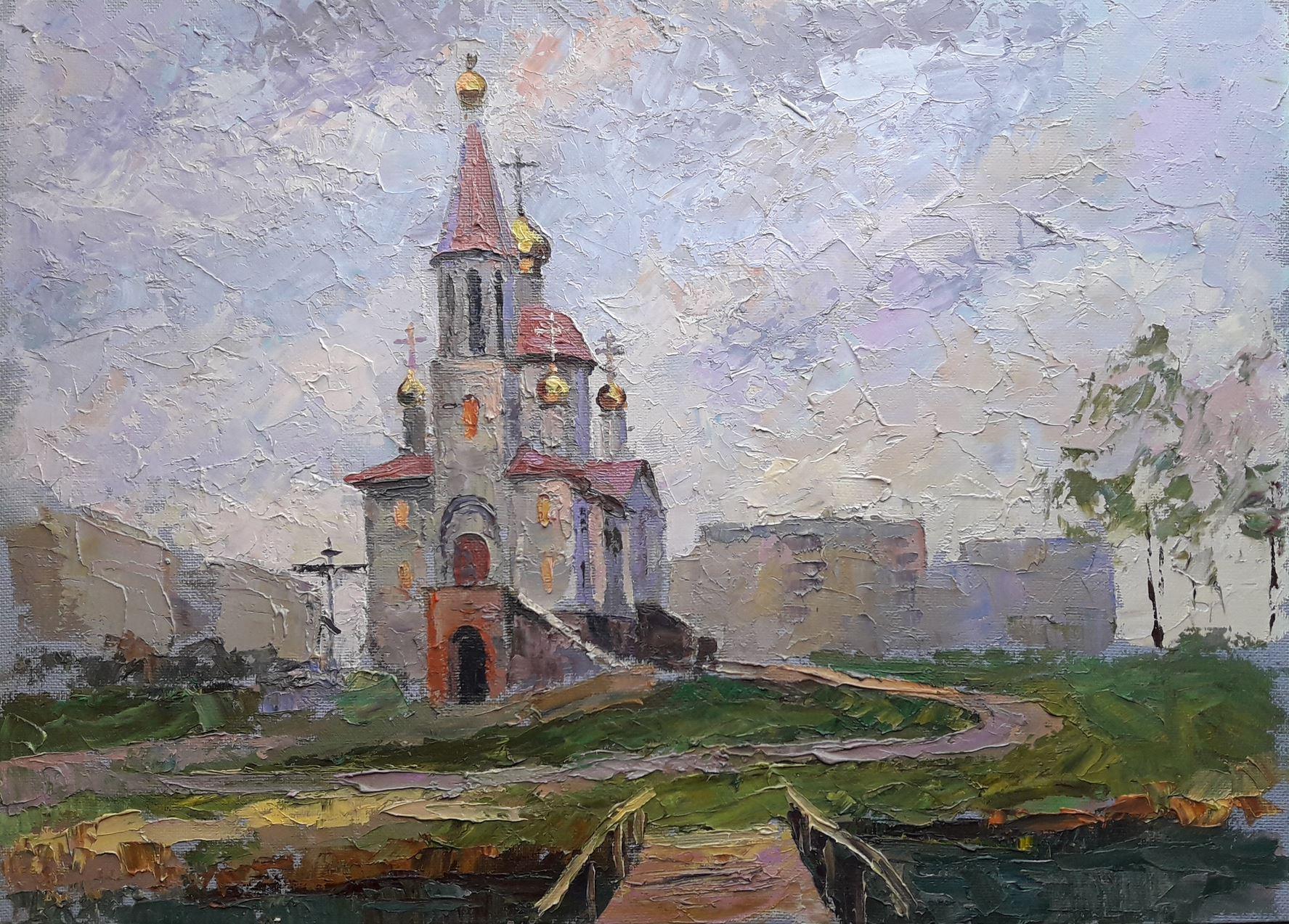 Boris Serdyuk  Landscape Painting – Temple near the river, Original-Ölgemälde in der Nähe des Flusses, hängefertig