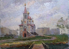 Temple near the river, Original oil Painting, Ready to Hang