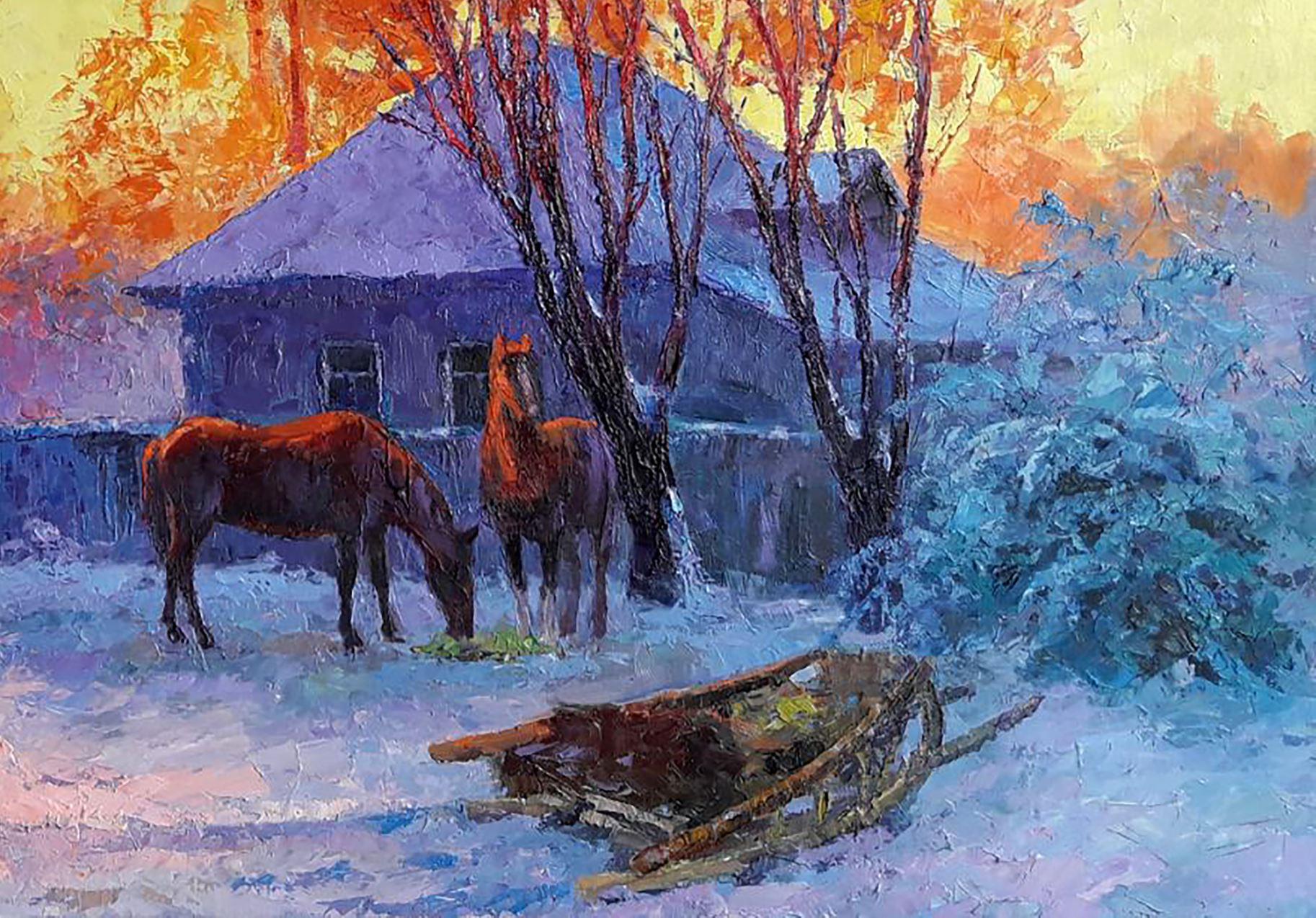 Winter Evening, Original oil Painting, Ready to Hang - Brown Landscape Painting by Boris Serdyuk 