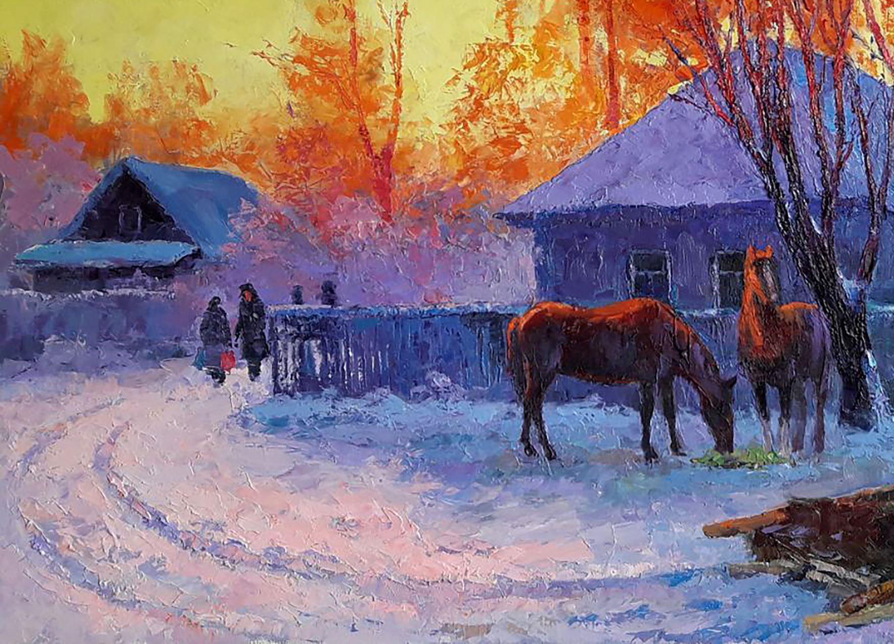 Artist: Boris Serdyuk 
Work: Original oil painting, handmade artwork, one of a kind 
Medium: Oil on Canvas
Style: Impressionism
Year: 2020
Title: Winter Evening
Size: 27.5