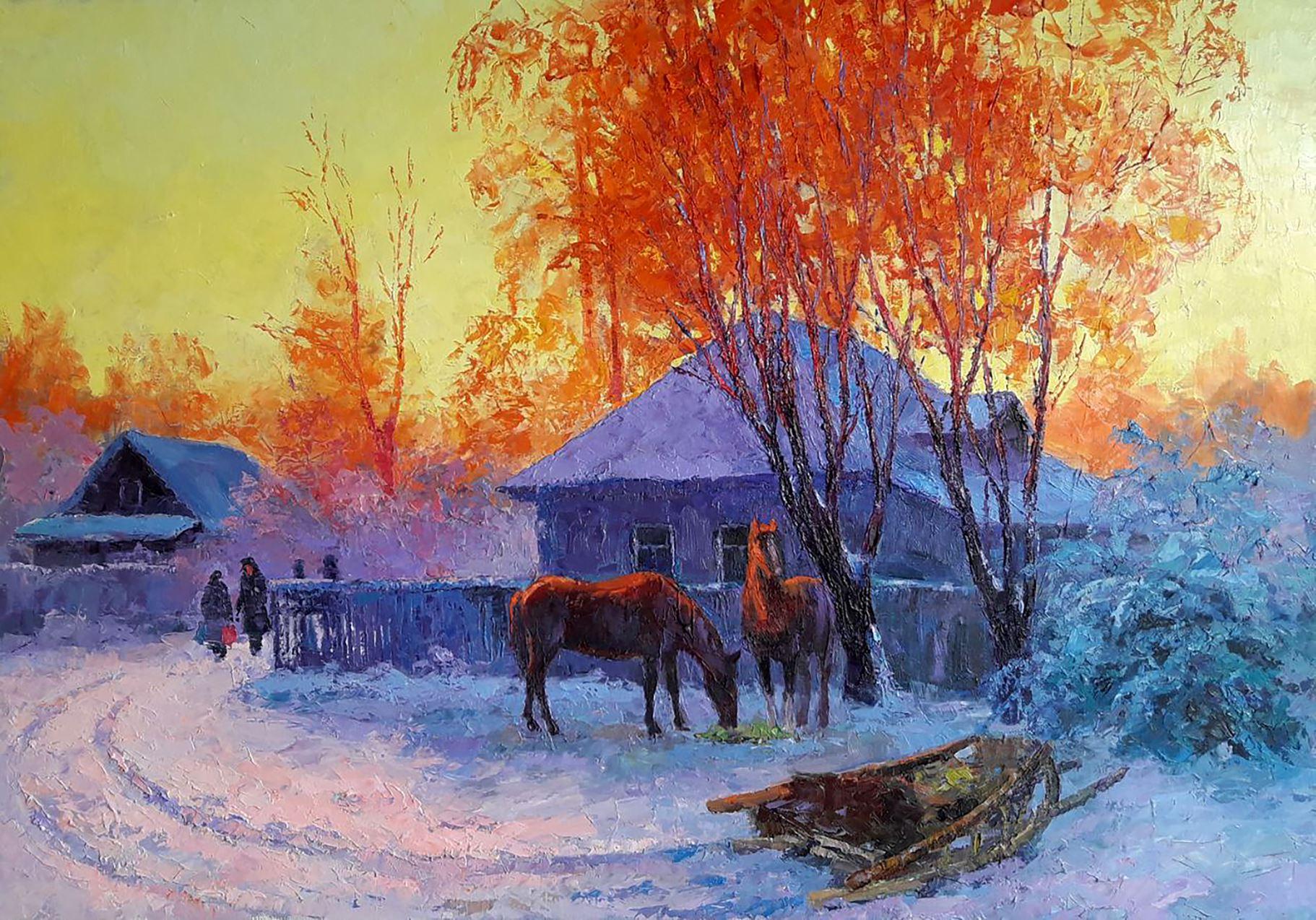 Boris Serdyuk  Landscape Painting - Winter Evening, Original oil Painting, Ready to Hang