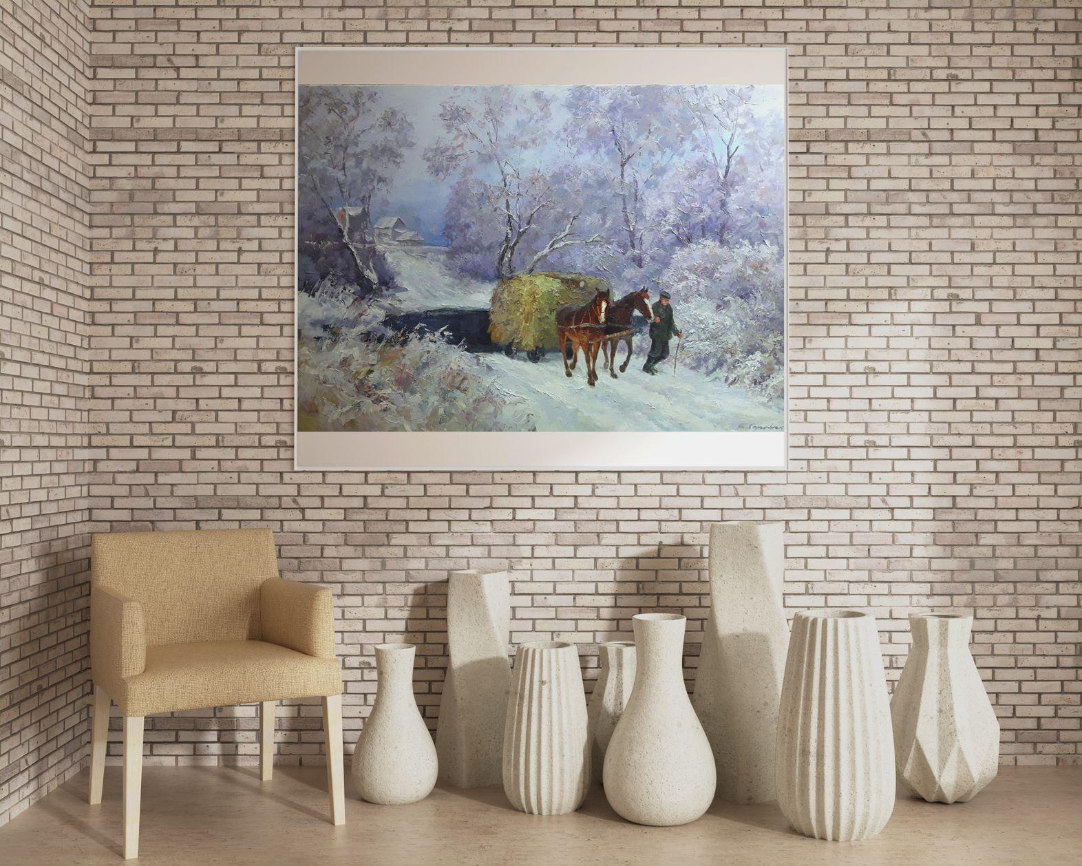Artist: Boris Serdyuk 
Work: Original oil painting, handmade artwork, one of a kind 
Medium: Oil on Cardboard
Style: Impressionism
Year: 2020
Title: Winter has come
Size: 27.5