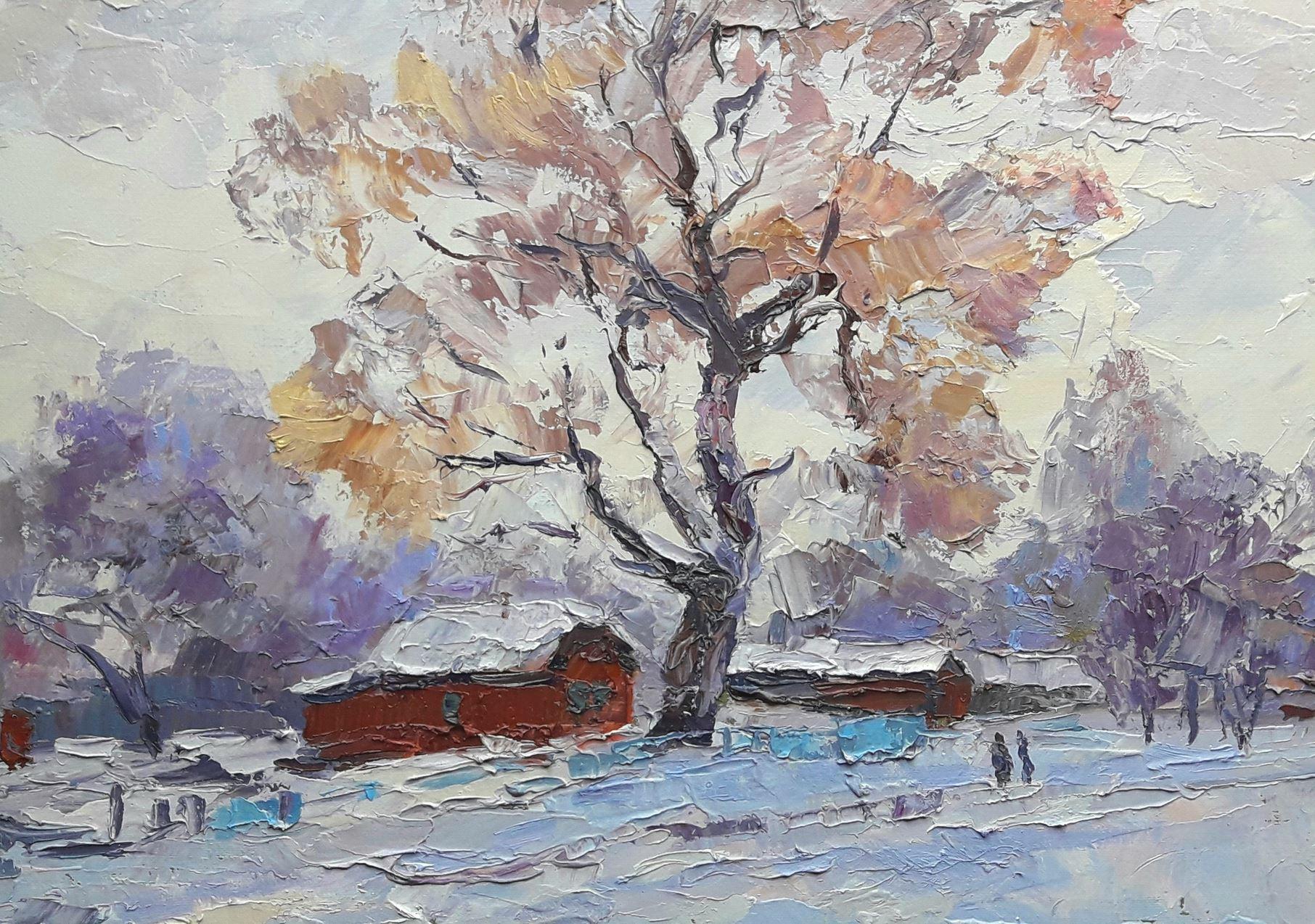 Winter street, Landscape, Original oil Painting, Ready to Hang - Gray Landscape Painting by Boris Serdyuk 