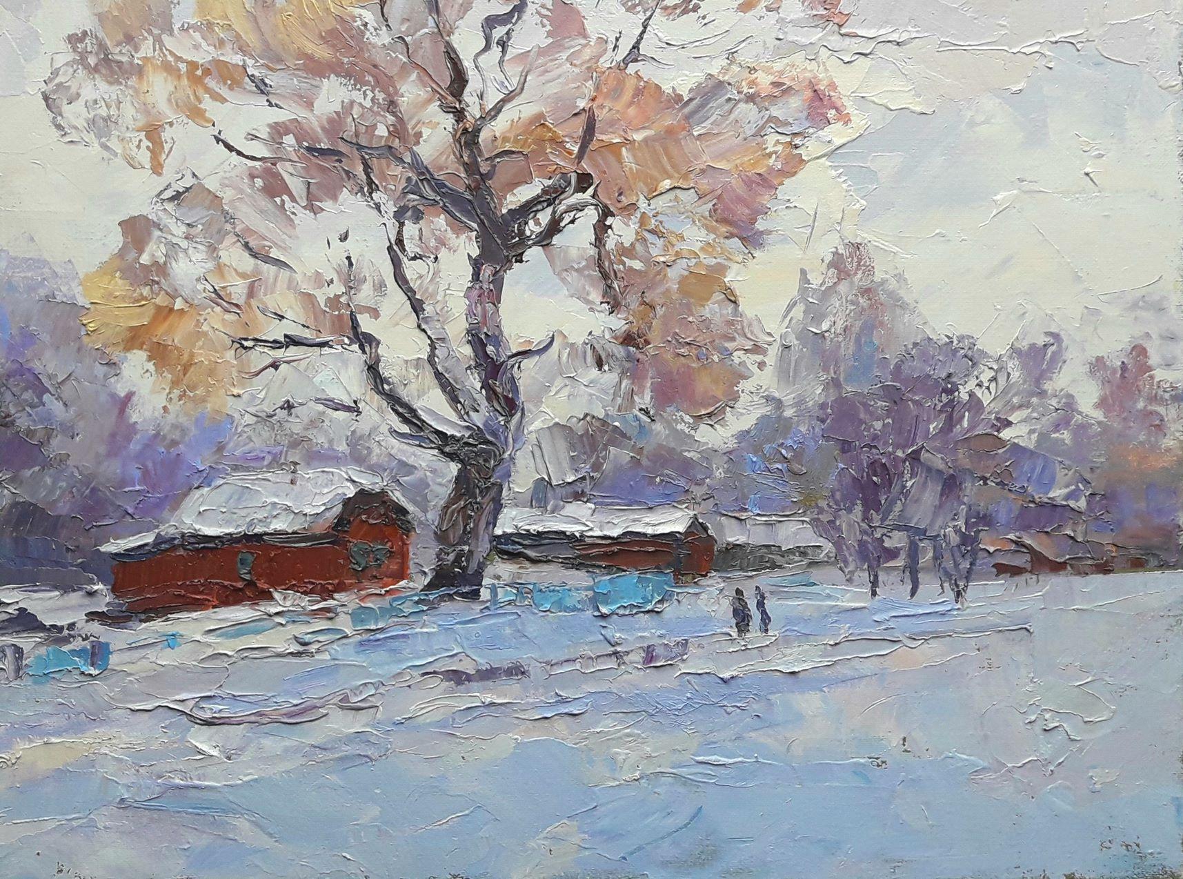 Winter street, Landscape, Original oil Painting, Ready to Hang For Sale 1