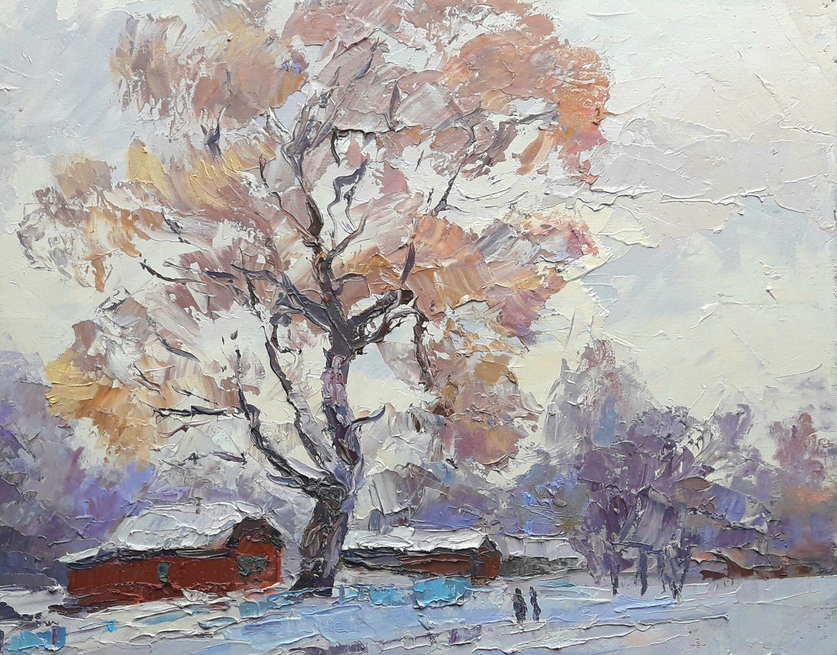Winter street, Landscape, Original oil Painting, Ready to Hang For Sale 2