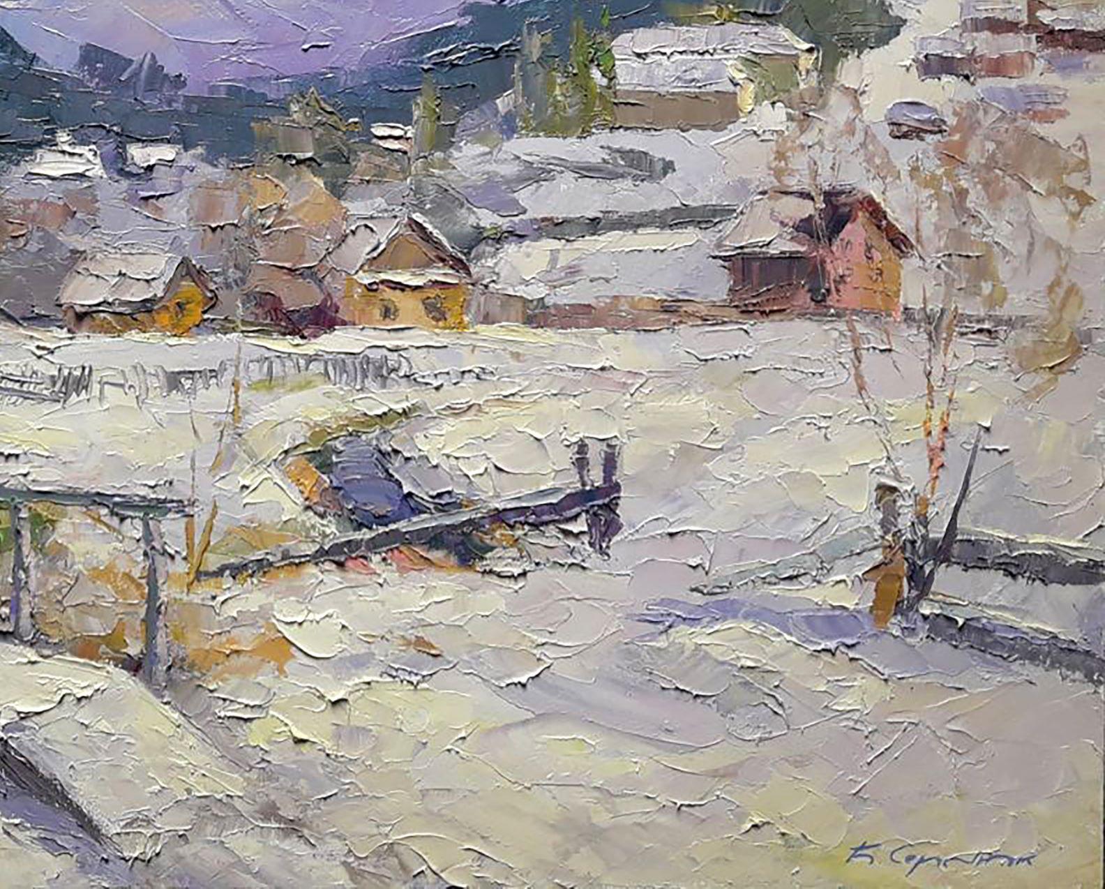 Winter Vorokhta, Impressionism, Original oil Painting, Ready to Hang - Gray Landscape Painting by Boris Serdyuk 