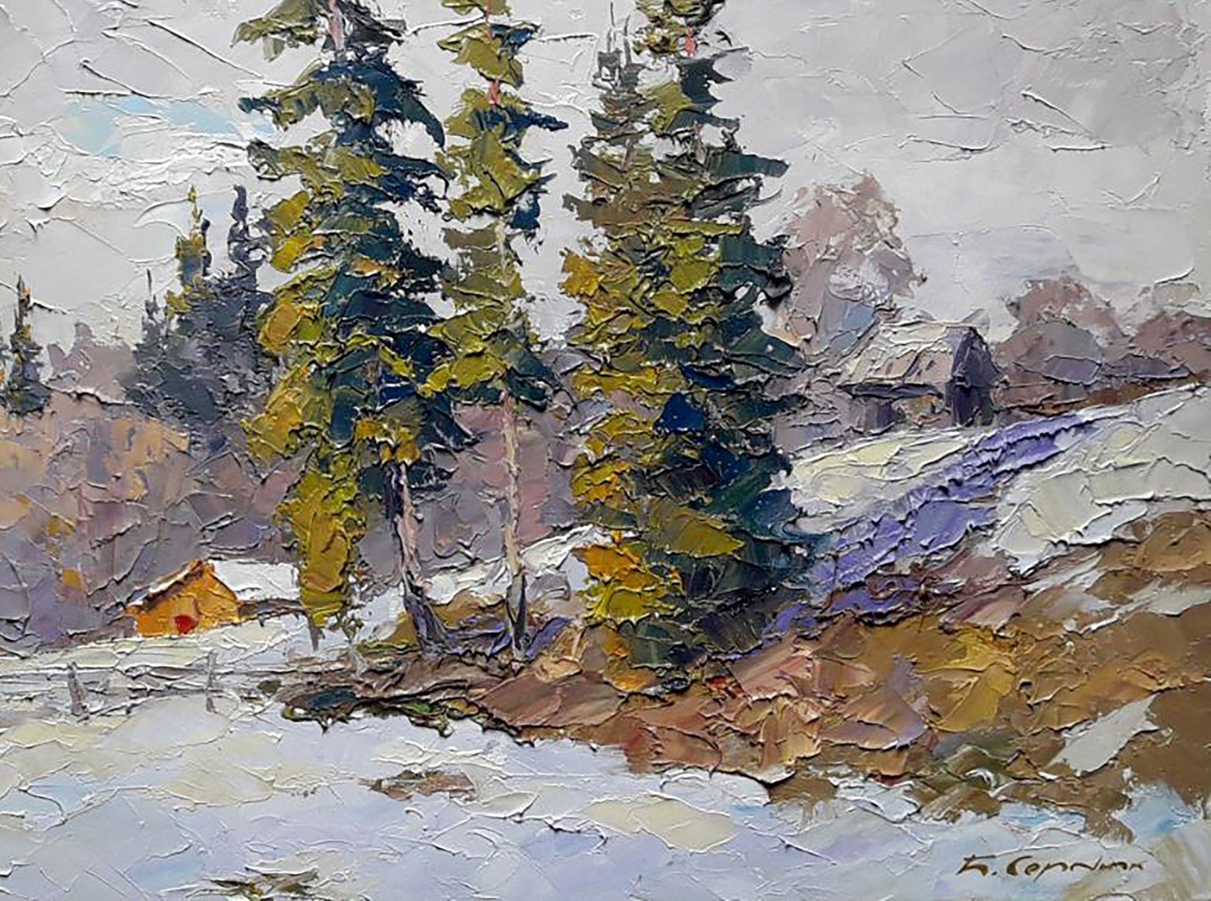 Artist: Boris Serdyuk 
Work: Original oil painting, handmade artwork, one of a kind 
Medium: Oil on Canvas
Style: Impressionism
Year: 2020
Title: Winter spruces
Size: 19.5