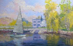 Yacht Club, Impressionismus, Original-Ölgemälde in Öl, hängefertig